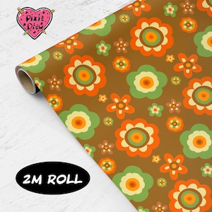 Seventies style floral wrapping paper, brown, orange and green gift wrap, retro wrapping paper image 3