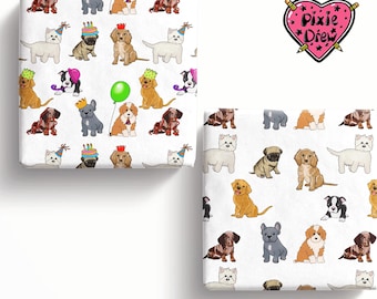 Puppy Dog wrapping paper with labradoodle, pug, labrador, boston terrier, westie, french bulldog, spaniel, daschund