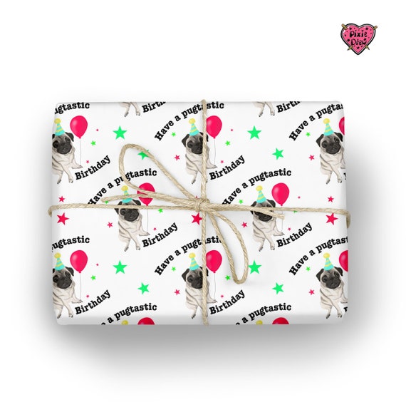 Pug Birthday Wrapping Paper – Hand‑Drawn Pug with Balloon – Cute Puppy With Cake Gift Wrap for Kids & Adults – Fun Pet Lover Birthday Wrap