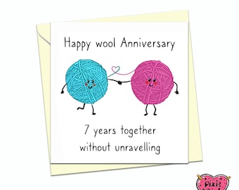 7th Anniversary Card – Wool Anniversary – Hand‑Drawn Cute Wool Balls – “7 Years Together Without Unravelling” – for Husband, Wife, Partner