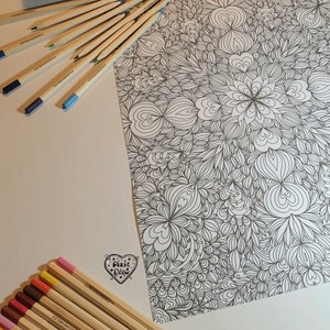 May include: A black and white intricate coloring page with a floral design. The page is surrounded by colored pencils.