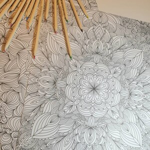 May include: A black and white intricate mandala design coloring book page with a variety of pencils laid out on top.