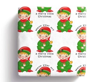 Cute little Elf Christmas gift wrap, pixie wrapping paper,  santa's helper wrapping paper for children