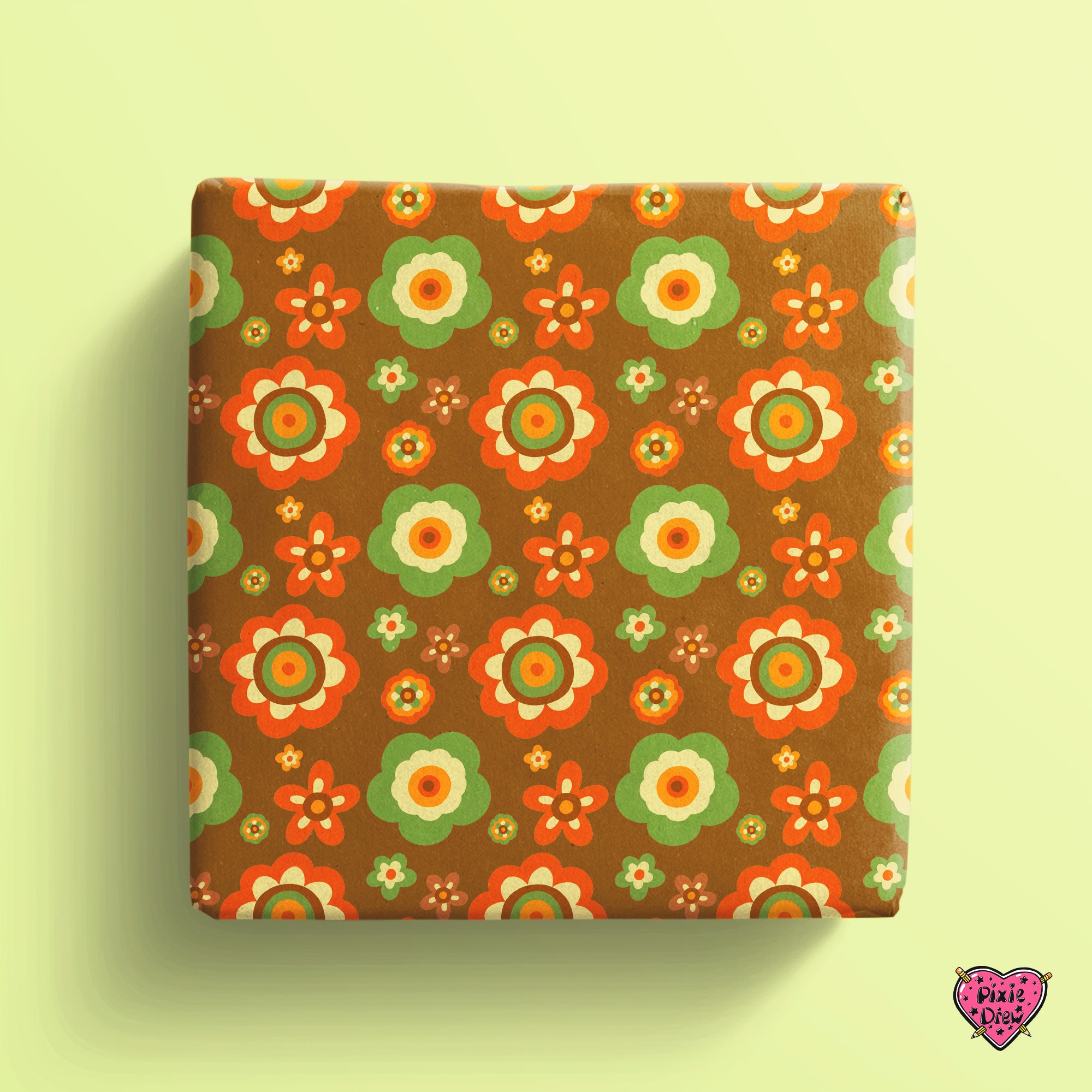 Seventies Style Floral Wrapping Paper Brown Orange and Green Etsy
