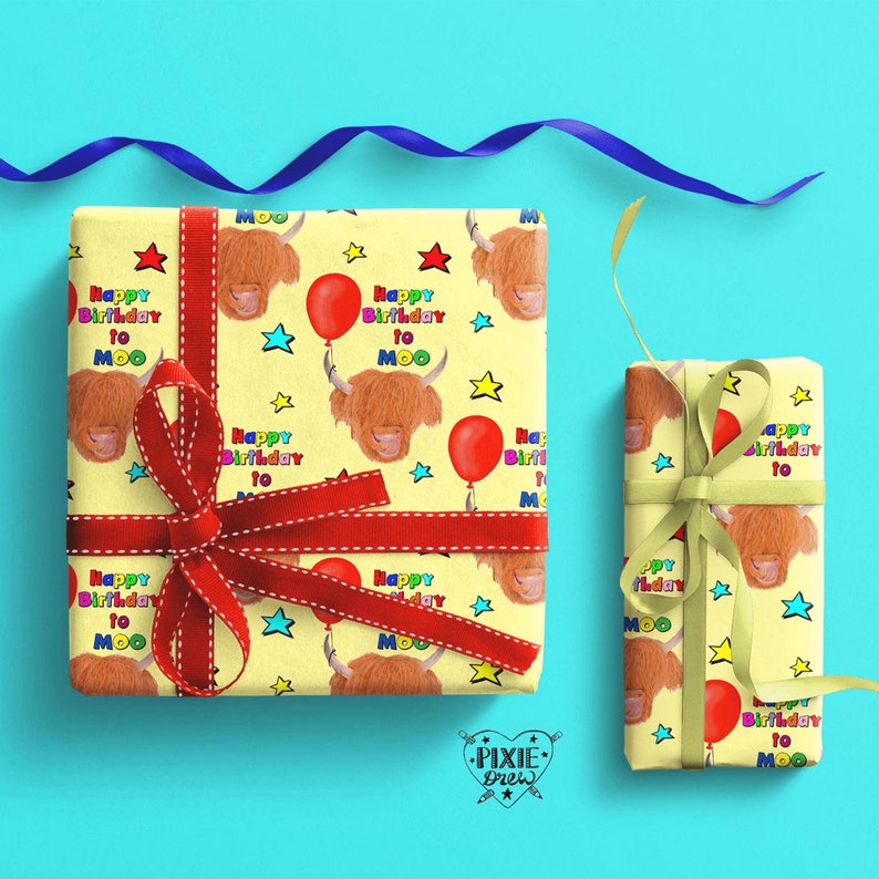 A gift with a highland 
 cattle bull with a balloon tied to it's horn illustration 
 and colourful text with happy birthday in a repeat pattern wrapping paper with a yellow background