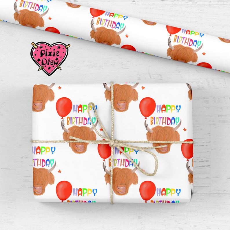 A gift with a highland 
 cattle bull with a balloon tied to it's horn illustration 
 and colourful text with happy birthday in a repeat pattern wrapping paper