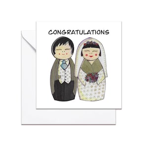 Carte de mariage pour poupée Kokeshi, félicitations pour votre carte de mariage, carte de M. et Mme pour le jour de votre mariage