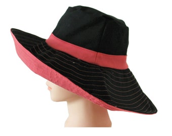 Stylish sun hat, wide-brimmed hat, head circumference 52/54/56/58/60, black-red, cotton, sun protection, linen hat, women's hat