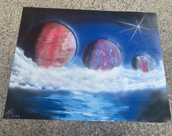 Cloudy Lake With Planets handmade spray paint art poster