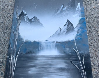 Foggy mountain valley handmade spray paint poster