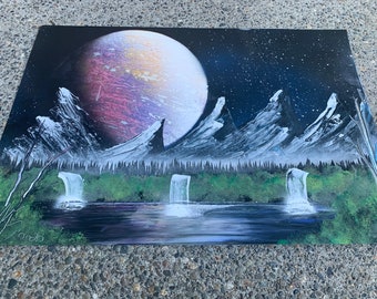 Midnight galaxy forest handmade spray paint poster