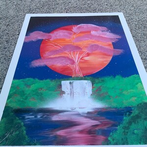 Flor de cerezo puesta de sol cartel de pintura en aerosol hecho a mano
