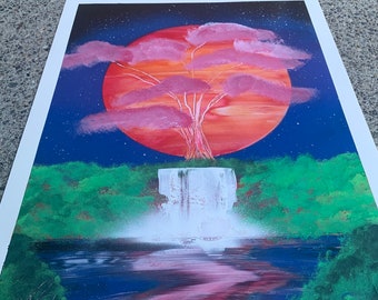 Cherry blossom sunset handmade spray paint poster