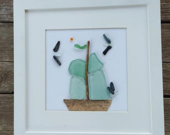Pebble art saillboat seagulls framed, saillboat sea glass wall art, home decor, Coast decor, Cottage decor, Beach picture,sea glass decor