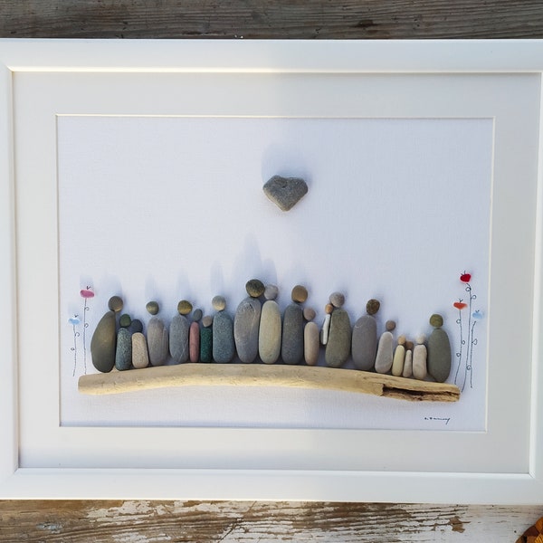 pebble art family picture gift,large family framed,Anniversary family present,Christmas gift,family 20, family gift unique custom order,