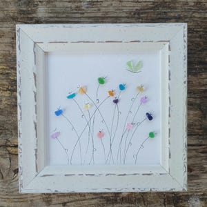 flowers sea glass framed, flowers art present, sea glass flowers, picture, wall art,anniversary gift, wife gift, home decor gift, pebble art
