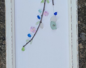 Pebble art birds picture, pebble art birds family, sea glass birds, home decor, sea glass wall art,laundry room decor, housewarming