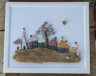 Pebble art homes picture, cottage homes wall decor, framed homes, home decor, home living, new home decor,pebble art, coastal decor homes