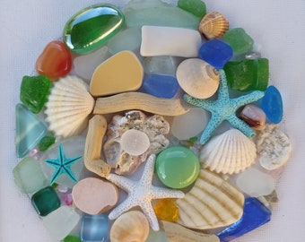 Cornish Sea Glass Art framed,CoastalPicture, Shells art,Handmade in sea decor circle wall decor, home decor, sea glass circle