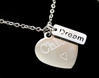 Personalised ENGRAVED Necklace Pendant Dream Charm Tag Customized Birthday Wedding Anniversay Gifts