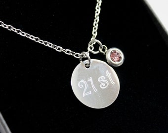 Personalised ENGRAVED Birthstone Necklace Pendant Charm 13th 16th 18th 21st 30th 40th 50th Customized Jewellery Gift Boxed Birthday Gifts