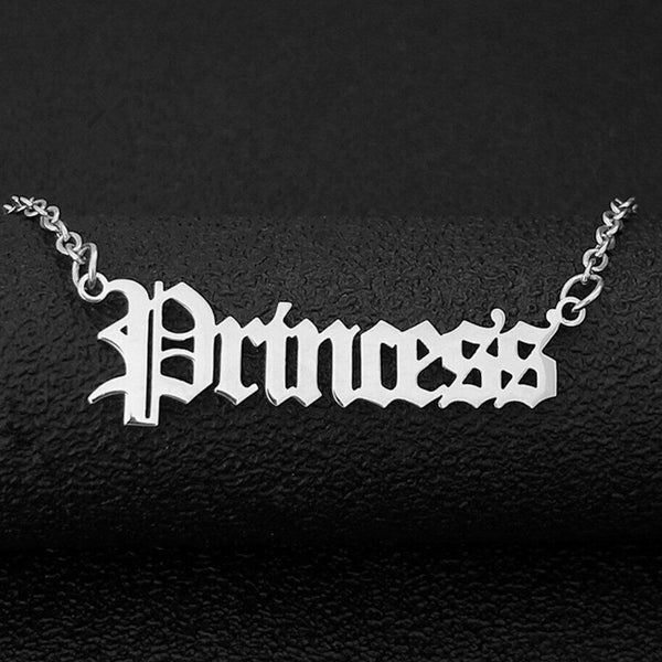 Princess Necklace Gothic Script Font Stainless Steel Jewellery Womens Girls Birthday Christmas Gifts