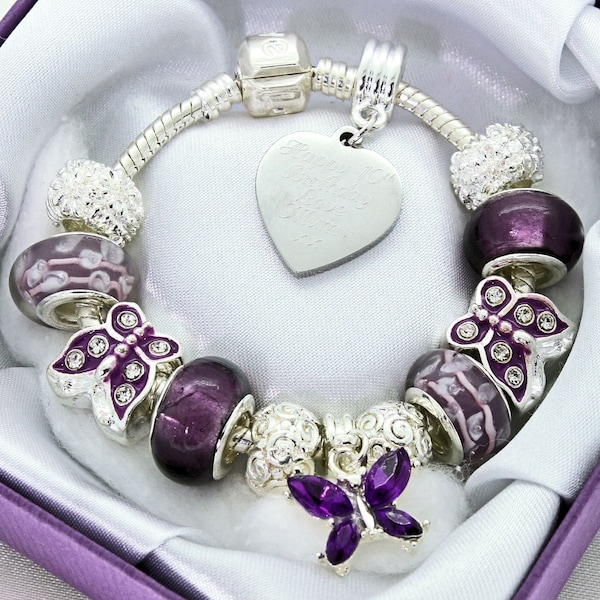 Girls Purple Butterfly Charm Bracelet ENGRAVED Heart Personalised With ANY MESSAGE Birthday Christmas Gift European Rhinestone Beads