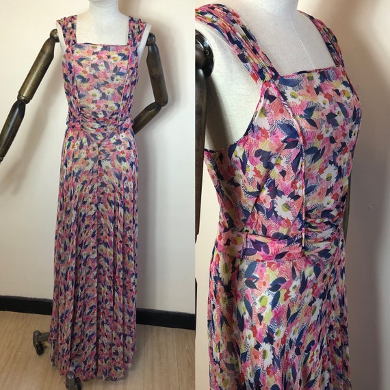1930’s Original Vintage Silk Chiffon Floral Long F