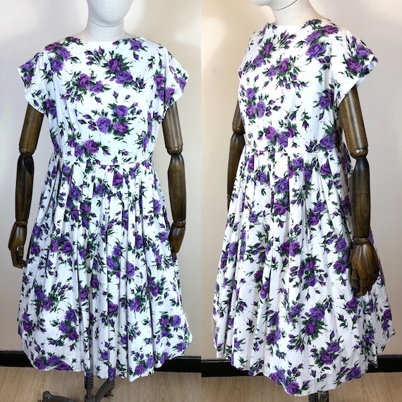 1950's Original Purple Floral Day Dress UK 12-14