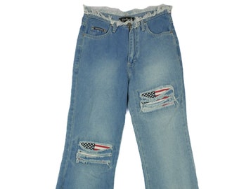 Vintage Women's Blue Denim American Flag Flared Jeans - Size 8 - Retro Sustainable/Preloved Denims