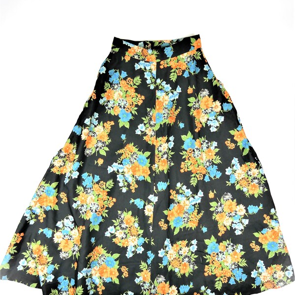 70s High Waisted Black & Orange Floral Long A-Line Skirt - SIZE 10 - Retro, Preloved Patterned Skirt