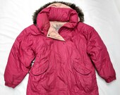 Vintage Womens 1980s Pink Duck Down Filled Ski Puffer Jacket w. Faux Fur Trim Hood - LARGE -