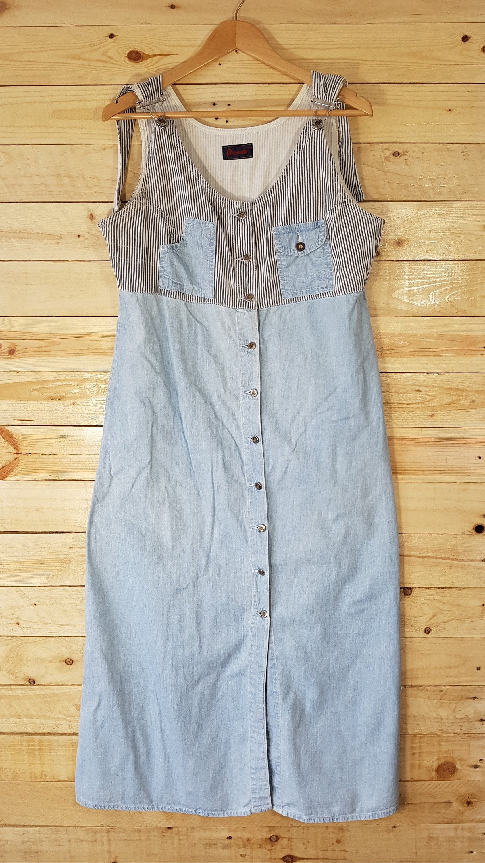 Image of Vintage Womens Blue Denim Sleeveless Prairie Dress W. Monochrome Striped Top - Size - Stevie Nicks -Quality Retro Fashion