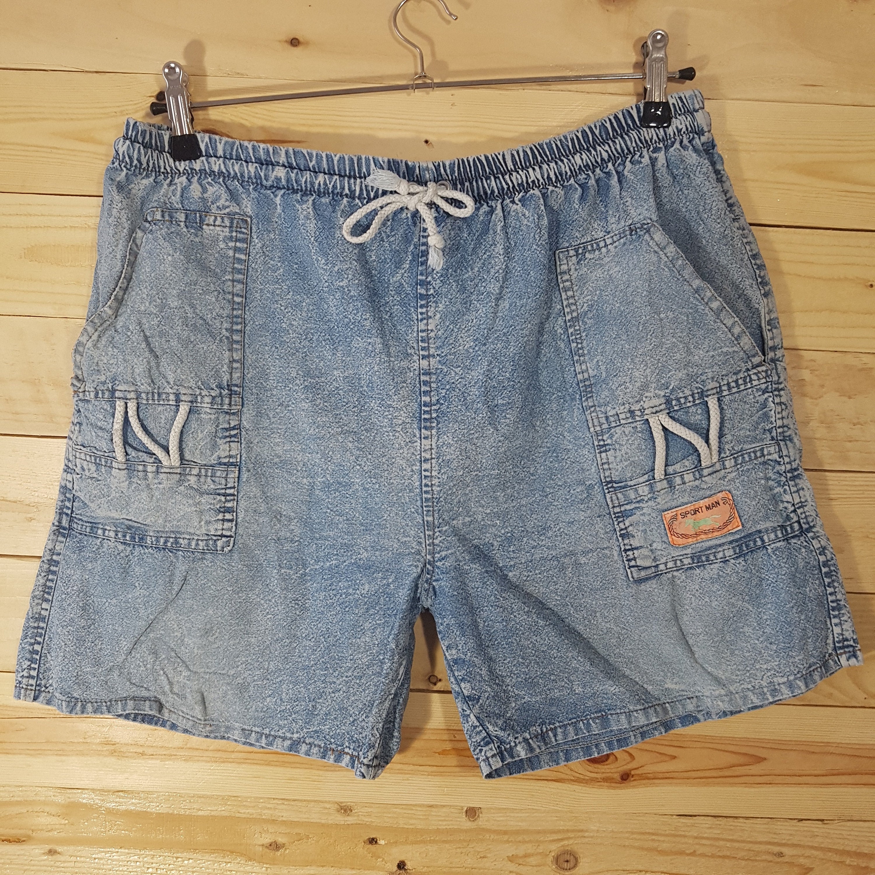 Image of Vintage Mens 1980S Blue Denim Drawstring Beach Shorts -Waist 34-36" - -Quality Retro Clothing