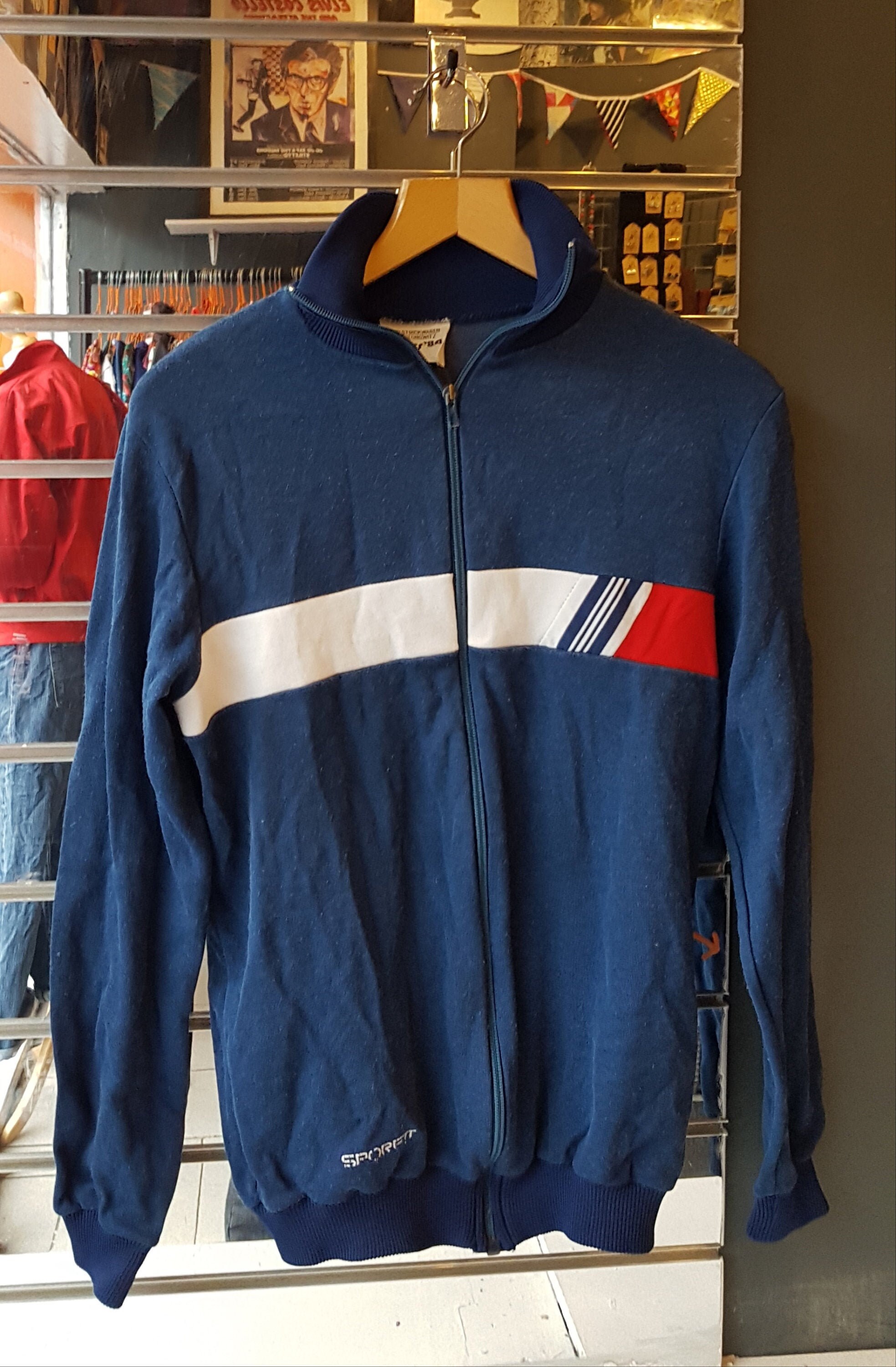 Image of Vintage Mens 1980S Navy Blue Track Top - Small Sports/Jumper -Quality Retro Streetwear