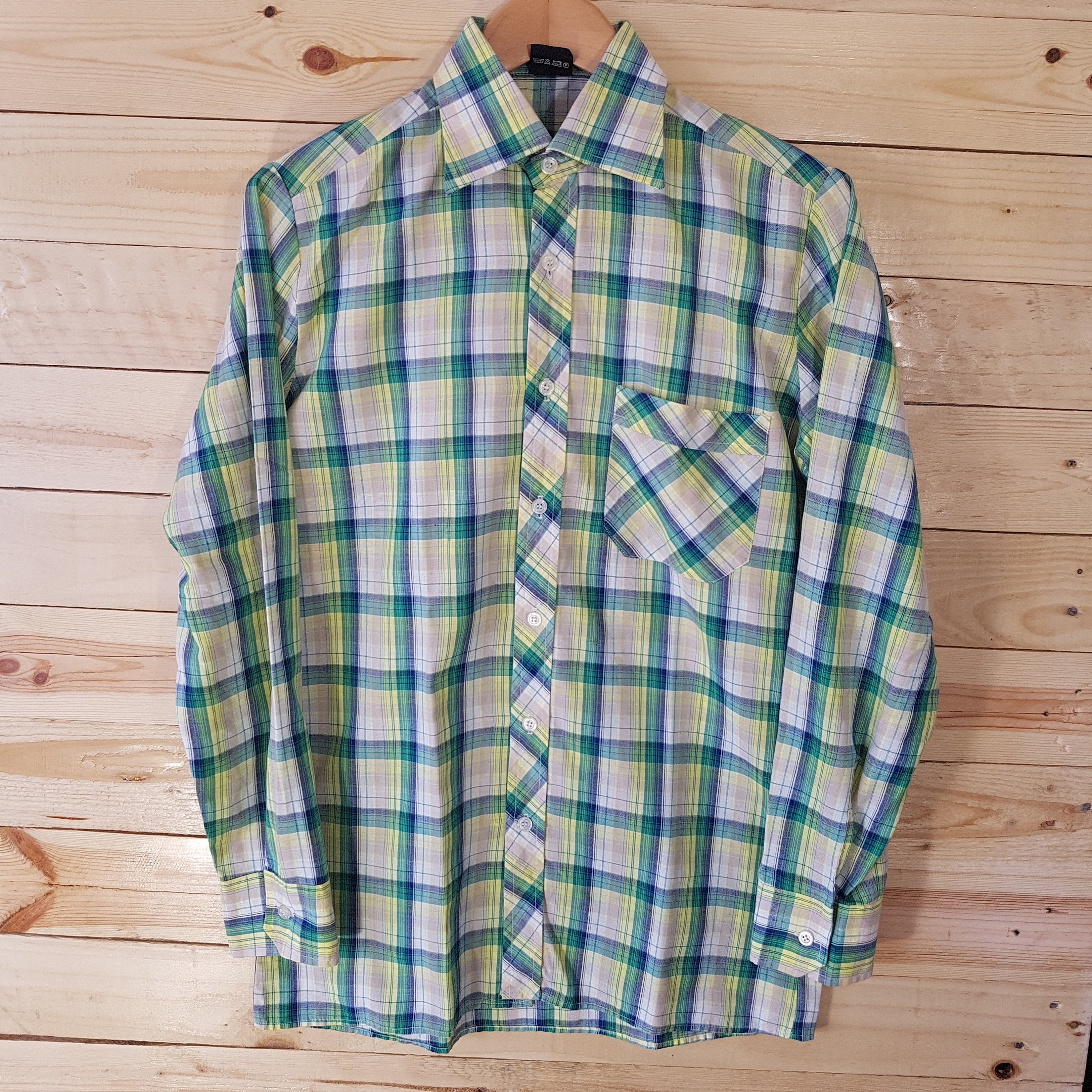 Image of Vintage Mens 1970S Green & Blue Check Shirt - Small Plaid -Quality Menswear