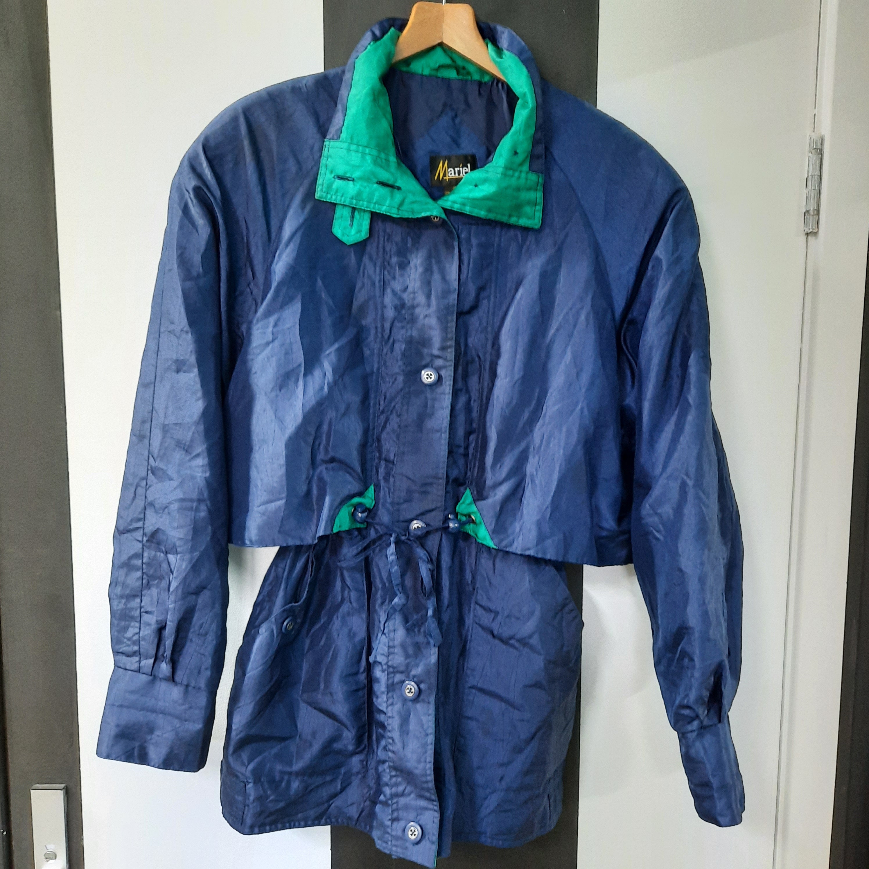 Image of Vintage Womens S Blue Mac Coat W Green Trim -Large - Oversize Raincoat/Windbreaker -Quality Retro Fashion