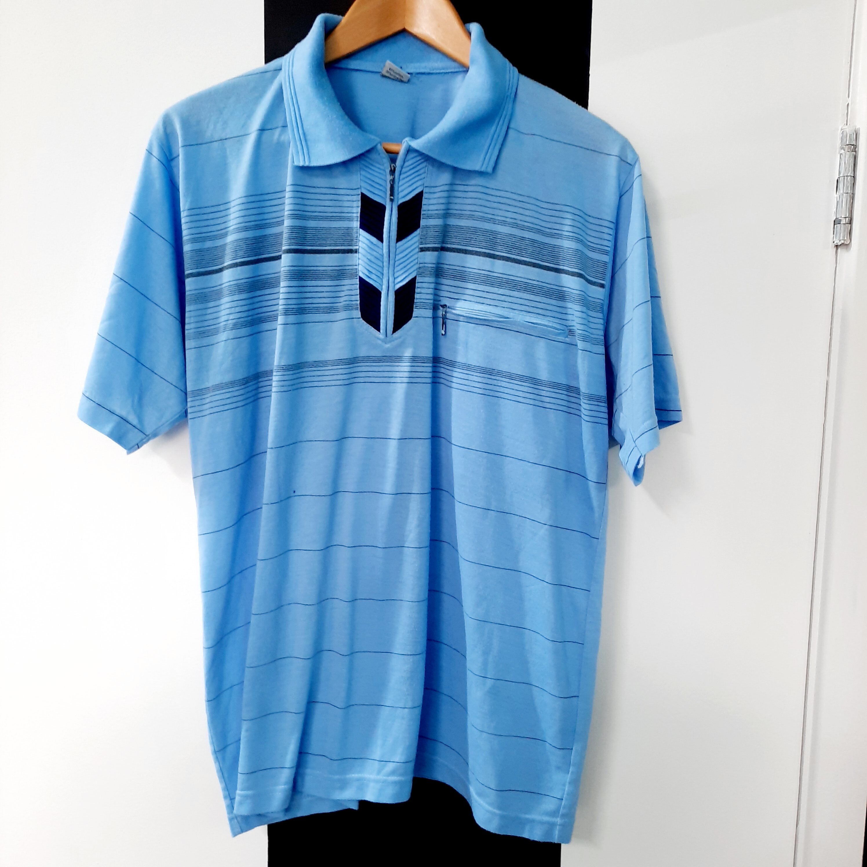 Image of Vintage Mens 1980S Blue Herringbone Pleat Striped Polo Shirt Medium Sports Tee/T-Shirt -Sustainable Retro Clothing