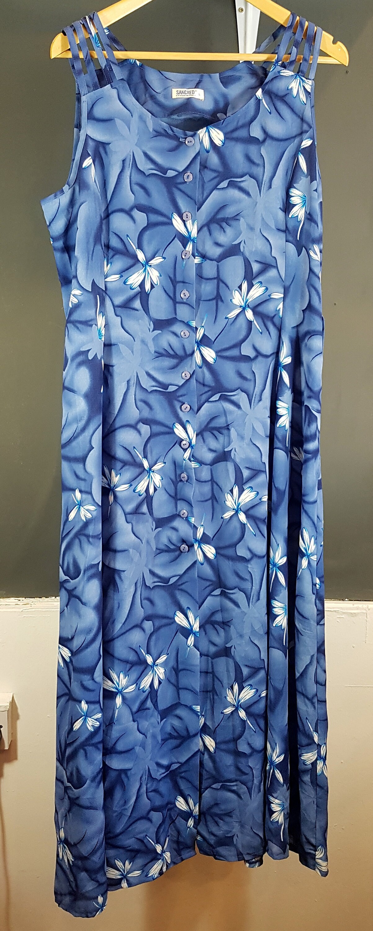 Image of Vintage Womens Blue Floral Print Long Sleeveless Dress -Size  - Made in Italy -Quality Retro Fashion