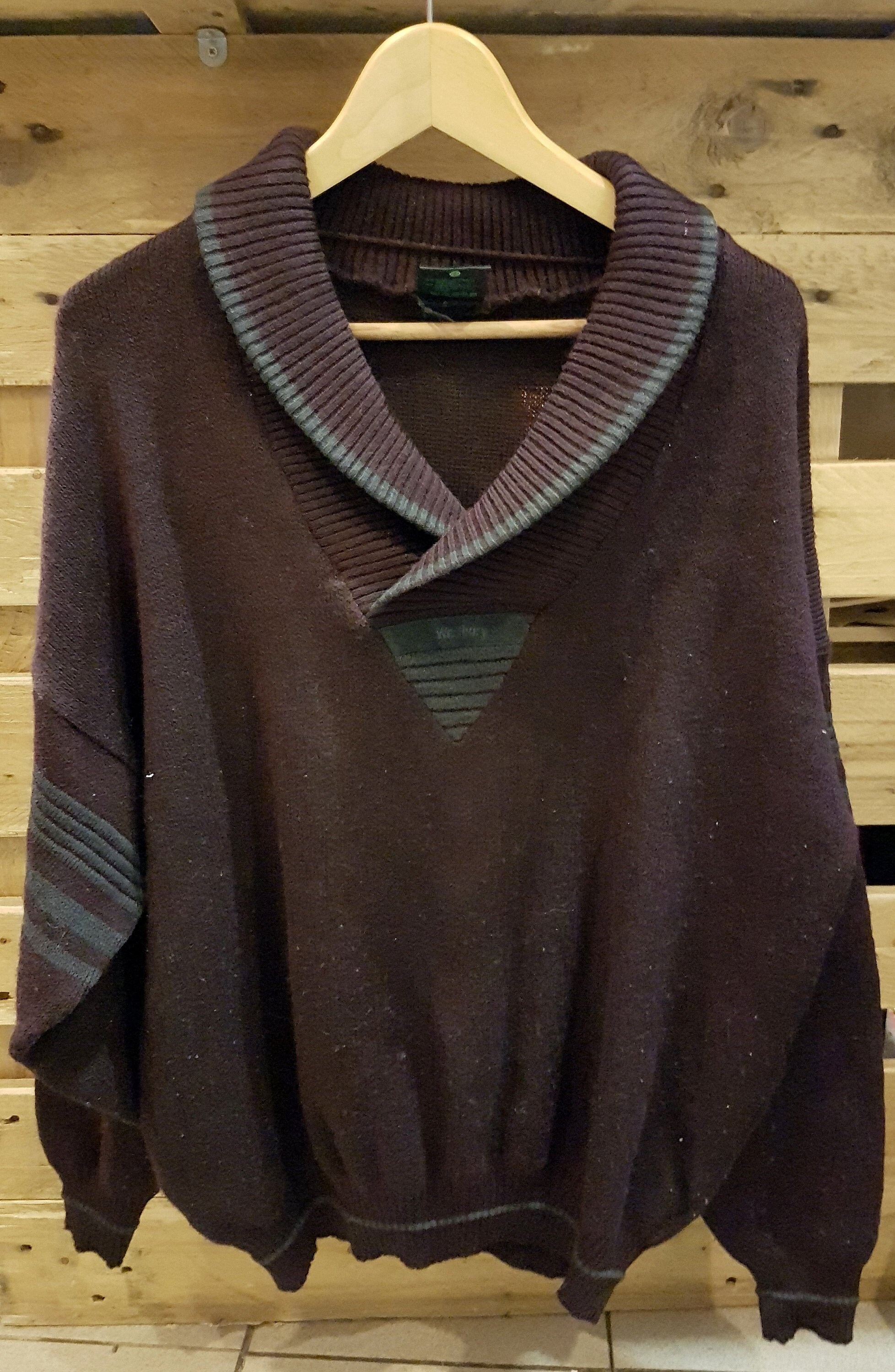 Image of 1980S Vintage Mens Red Striped Shawl Collar Jumper Large -Quality Retro Knitwear