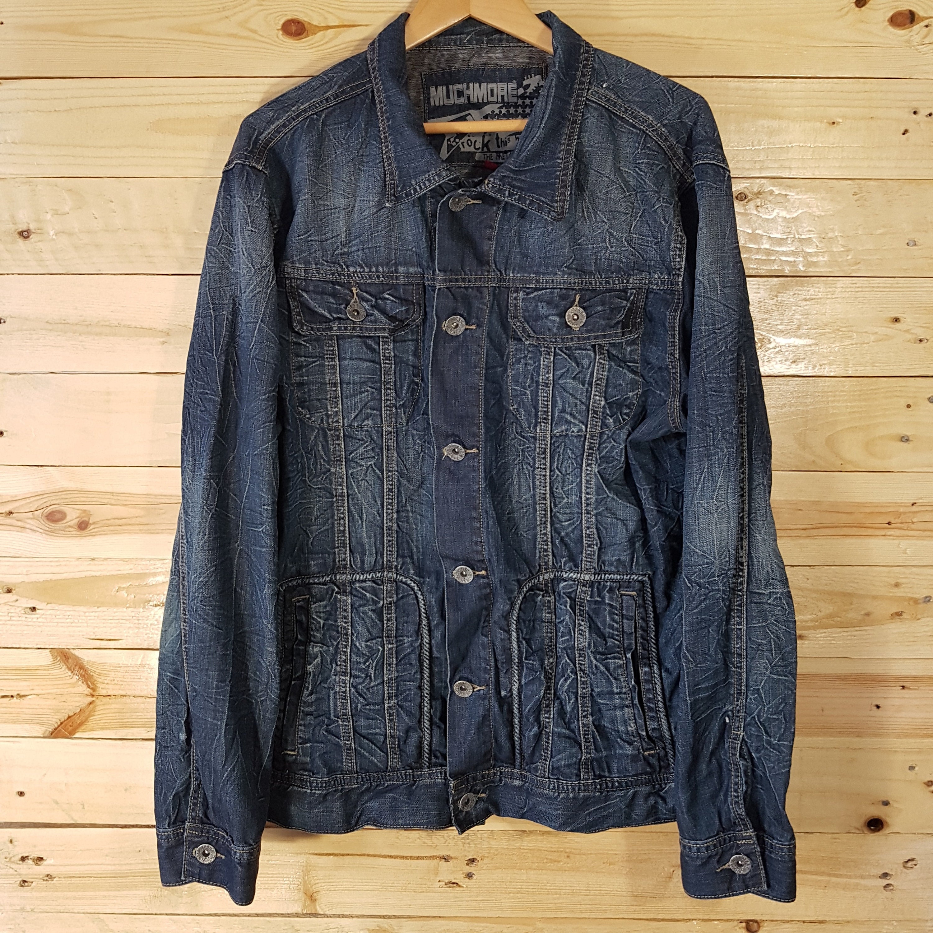 Image of Vintage Mens Dark Blue Denim Crinkle/Fade Pattern Utility Jacket Large -Quality Retro Menswear