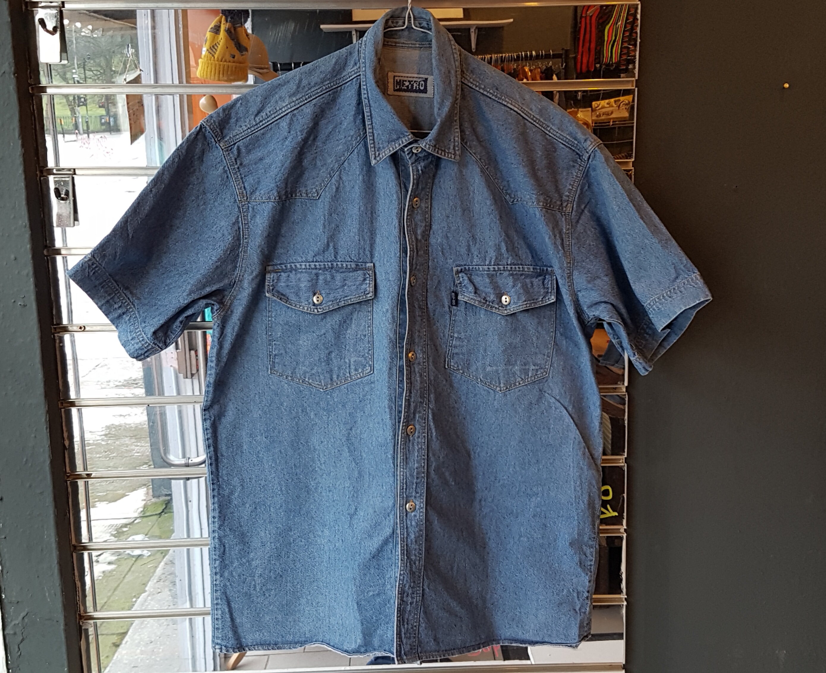 Image of Vintage Mens 1980S Blue Denim Shirt with Metal Buttons - Large Casual/Short Sleeves -Quality Menswear
