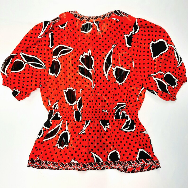 Bold Floral Polka Dot 1980s Red /& Black Print Peplum Blouse *SIZE 10-12*
