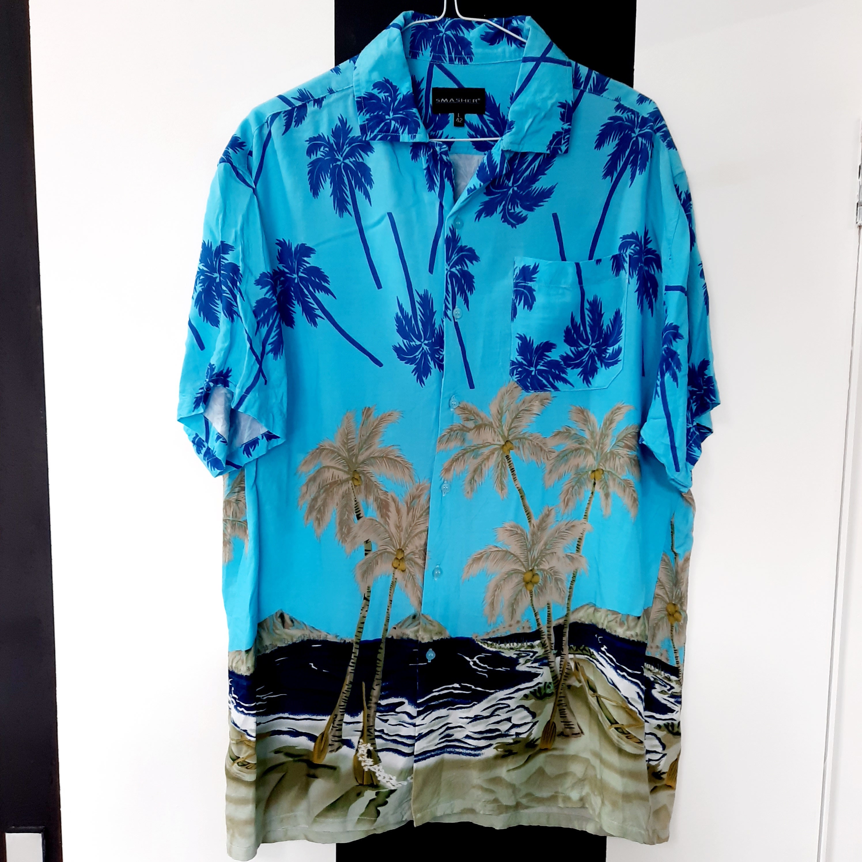 Image of Vintage Mens 1980S Blue Palm Tree Print Hawaiian Shirt -Large- Beach/Surfer - Quality Retro Menswear