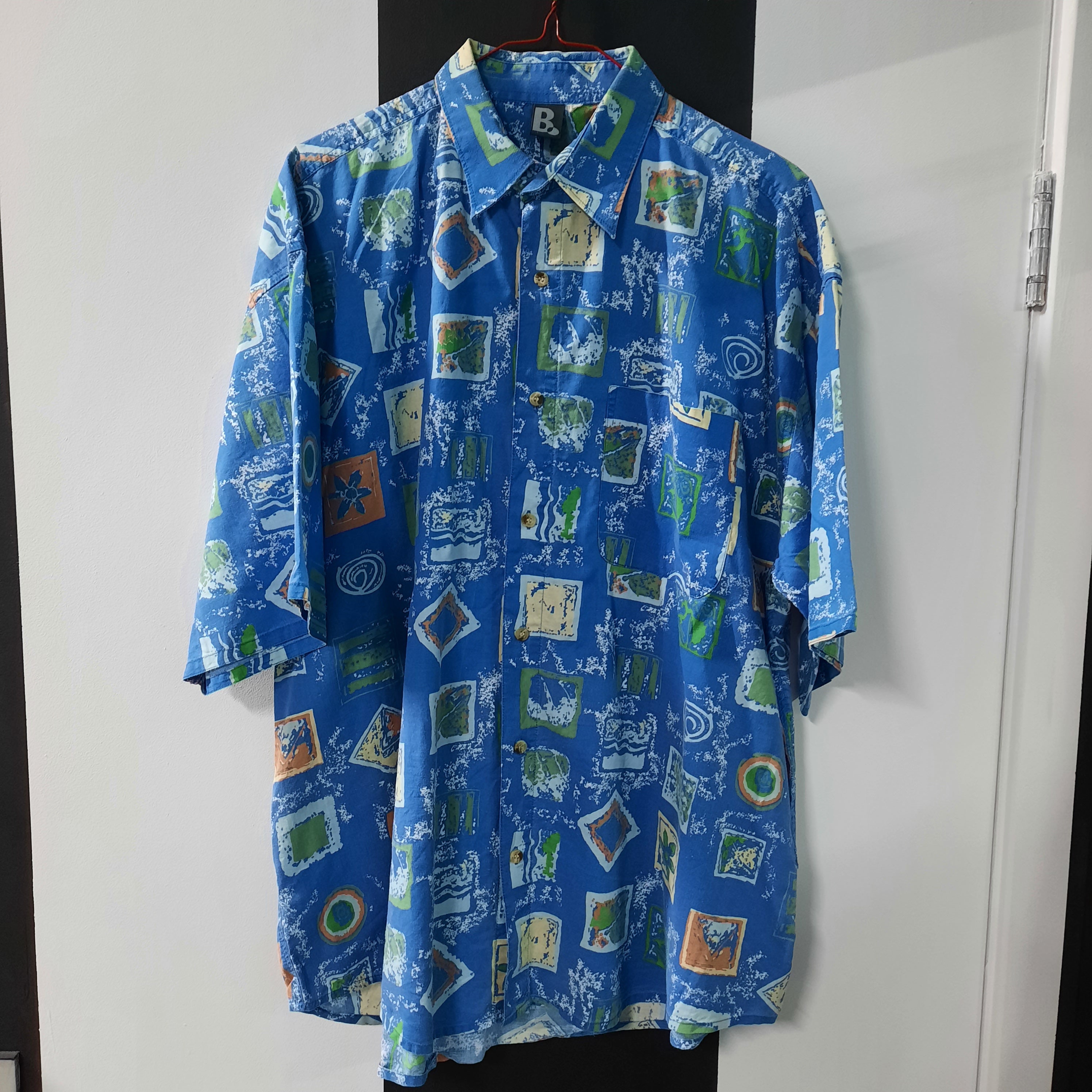 Image of Vintage Mens Blue Funky Geometric Pattern Surf Shirt - Xxl Bold/Crazy Print/Hawaiian-Quality Menswear