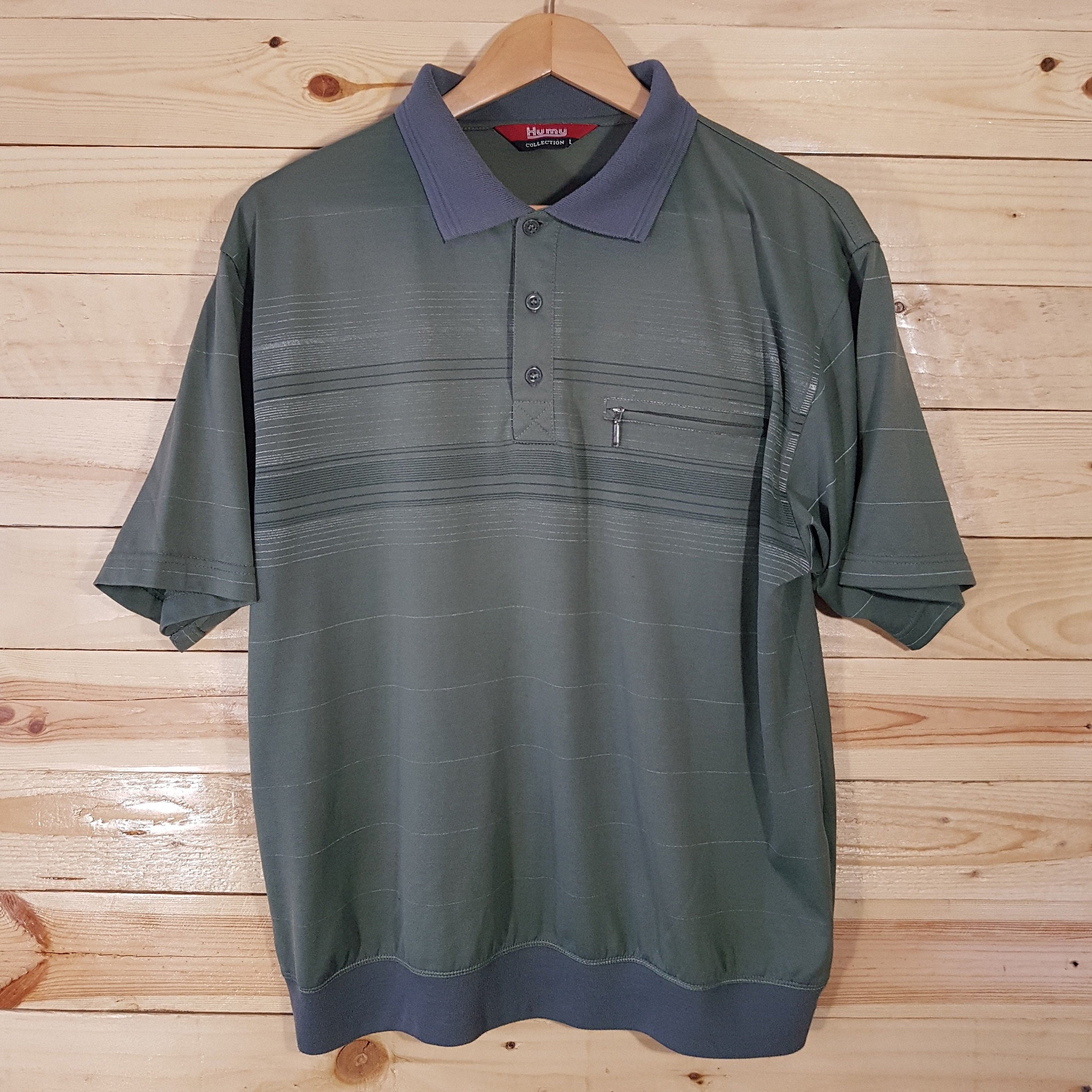 Image of Vintage Mens 1970S Dark Green Striped Polo Shirt Large Sports Tee/T-Shirt -Sustainable Retro Clothing