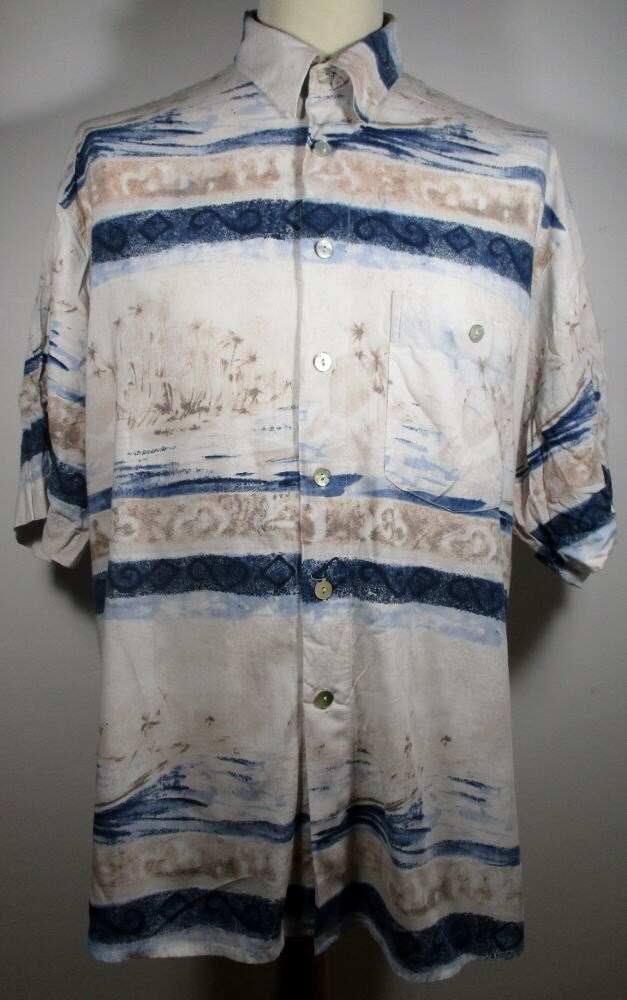 Image of 80S Vintage Mens Funky Print Blue&white Hawaiian Shirt Xl Chest 48" | 46-48 Abstract/Pastel Pattern -Quality Menswear