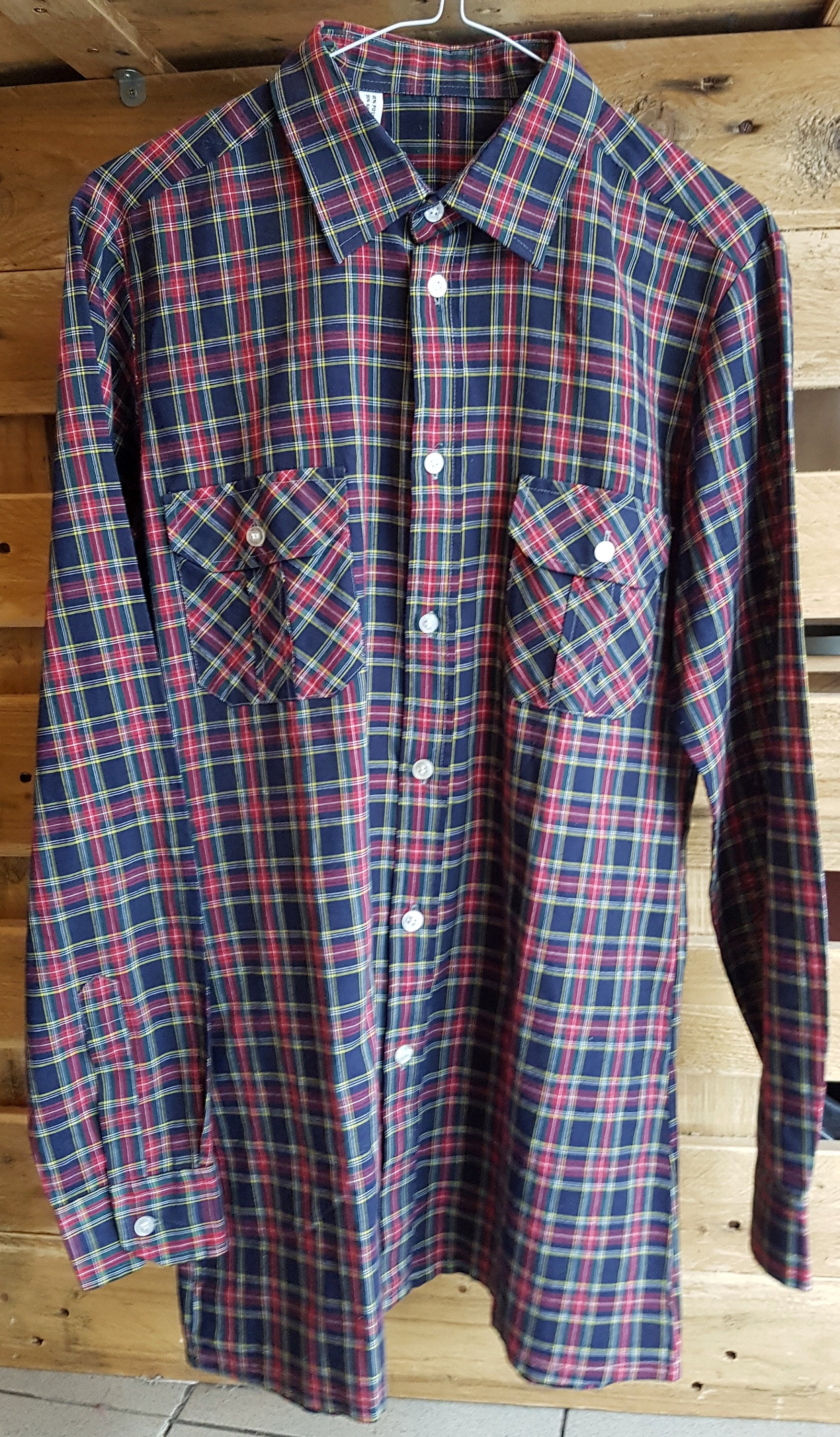 Image of Vintage Mens 1970S Navy Tartan Check Lumberjack Shirt Medium Plaid/Western -Quality Retro Menswear
