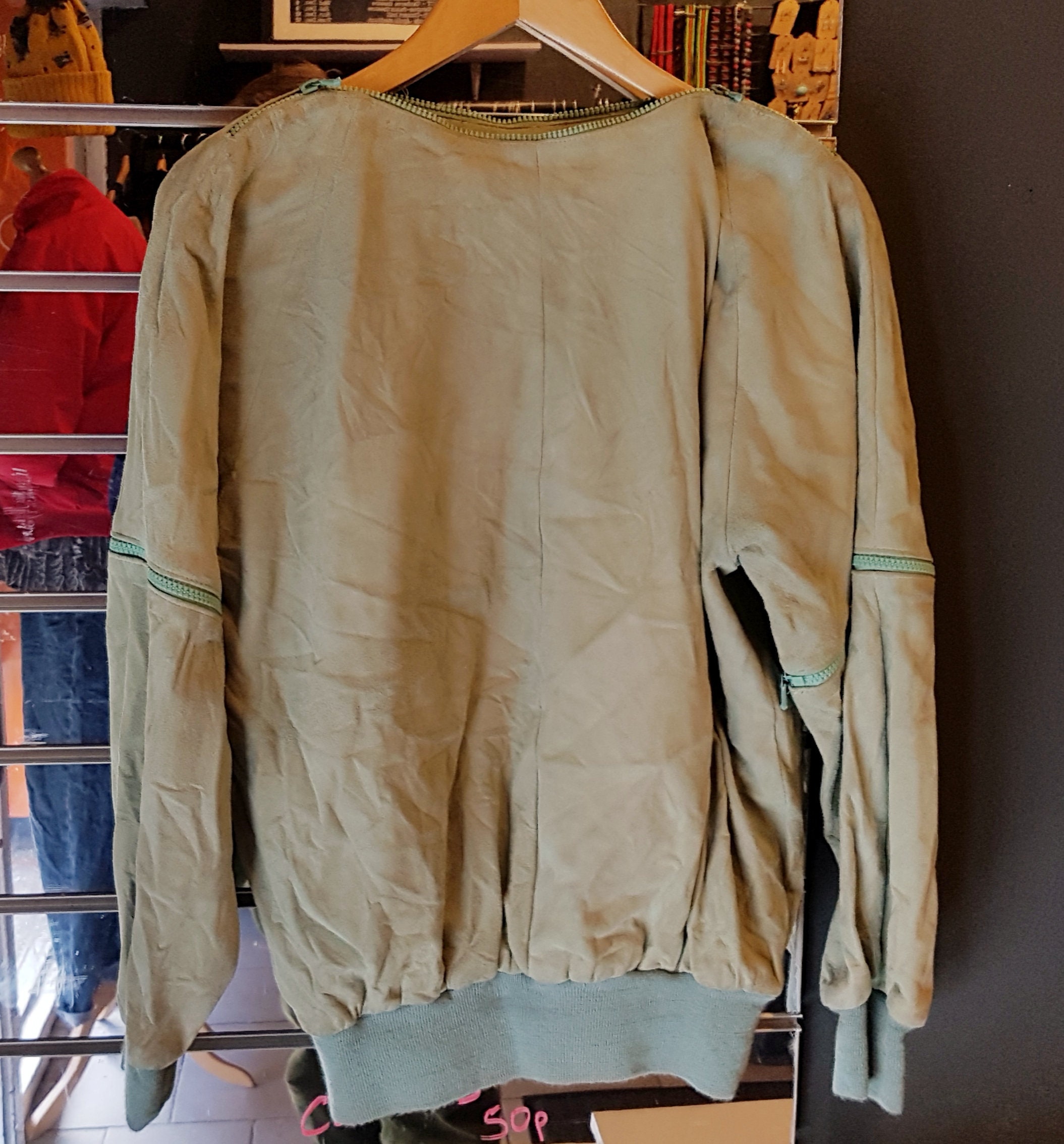 Image of Vintage Womens S Pale Green Real Suede Zip Neck Jumper Size  Off Sleeves Into Top/Tee -Quality Retro Knitwear