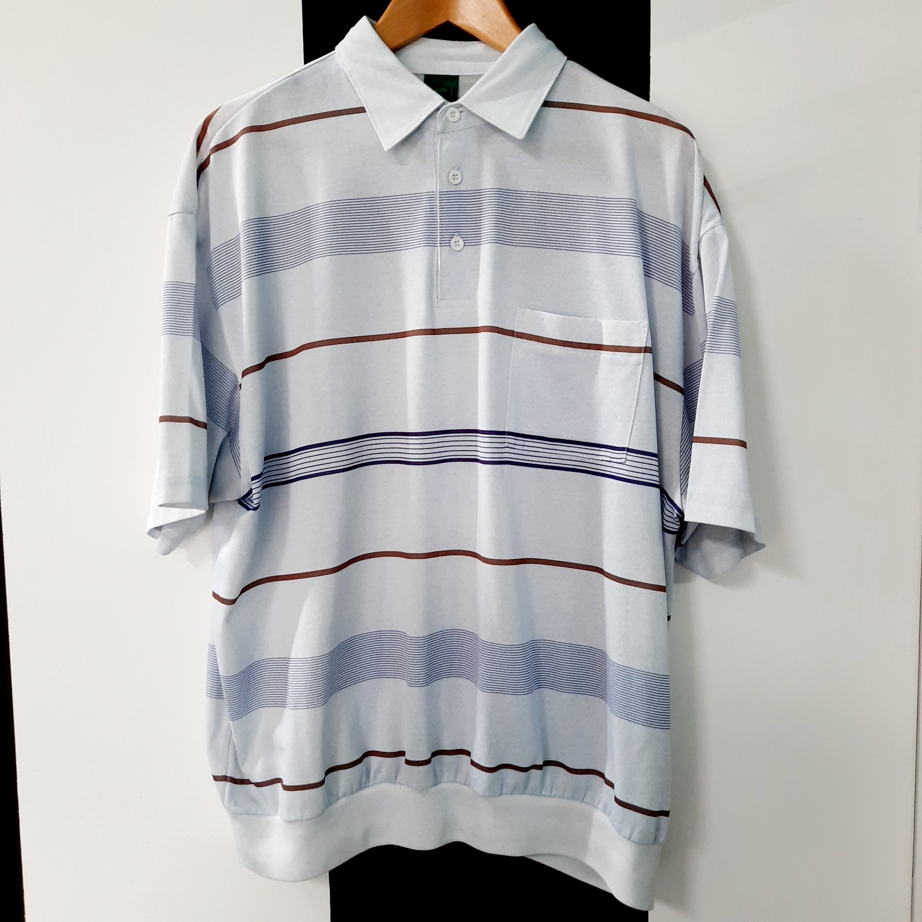 Image of Vintage Mens 1980S Blue Striped Polo Shirt Large Sports Tee/T-Shirt -Sustainable Retro Clothing